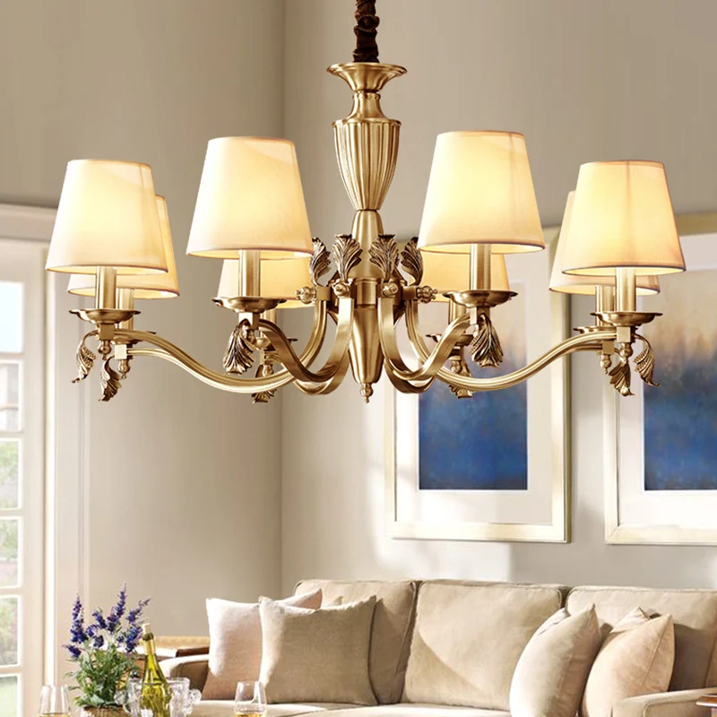Messing kandelaar plafondverlichting moderne metalen kroonluchterlamp met taps toelopende stoffen kap Clearhalo