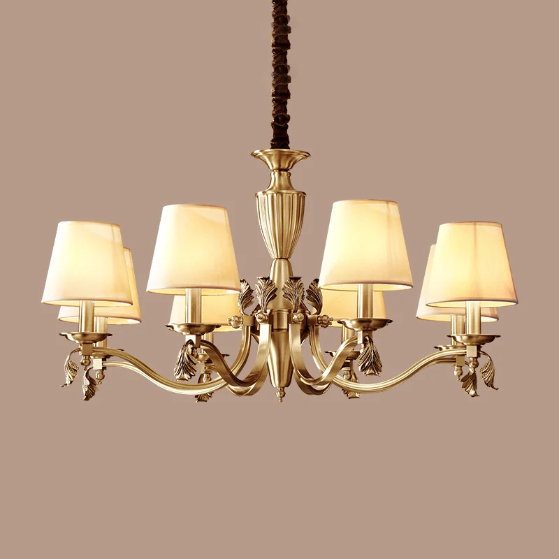 Messing kandelaar plafondverlichting moderne metalen kroonluchterlamp met taps toelopende stoffen kap Clearhalo
