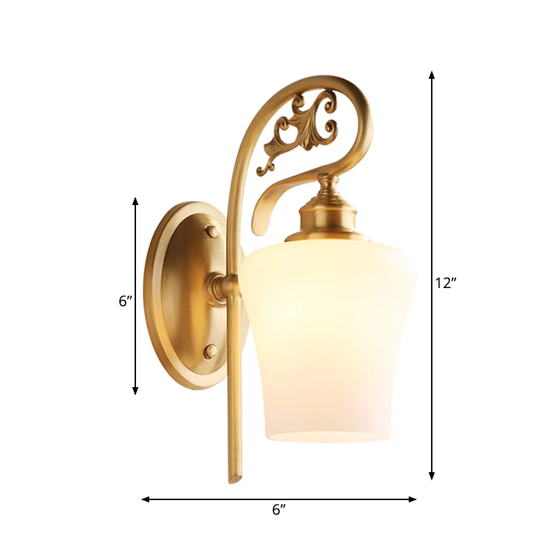 Messing 1 kop wandverlichting koloniaal wit glas conisch wandgemonteerd licht voor woonkamer Clearhalo