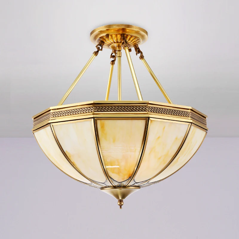 Messing 3/4 koppen semi-inbouwlicht kolonialisme gezandstraald glazen kom plafondarmatuur voor woonkamer, 14"/18" W Clearhalo