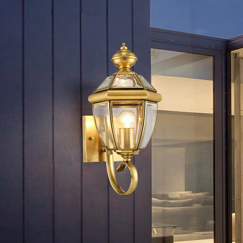 Messing lantaarn wandkandelaar traditioneel helder glas buiten wandmontage lichtarmatuur Clearhalo