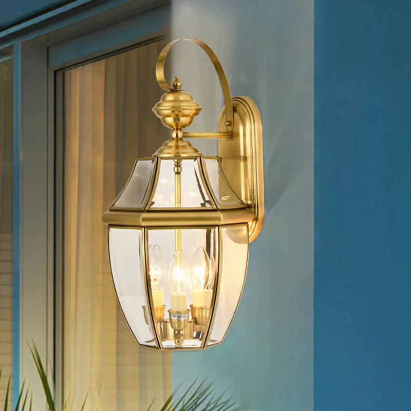 Messing lantaarn wandkandelaar traditioneel helder glas buiten wandmontage lichtarmatuur Clearhalo