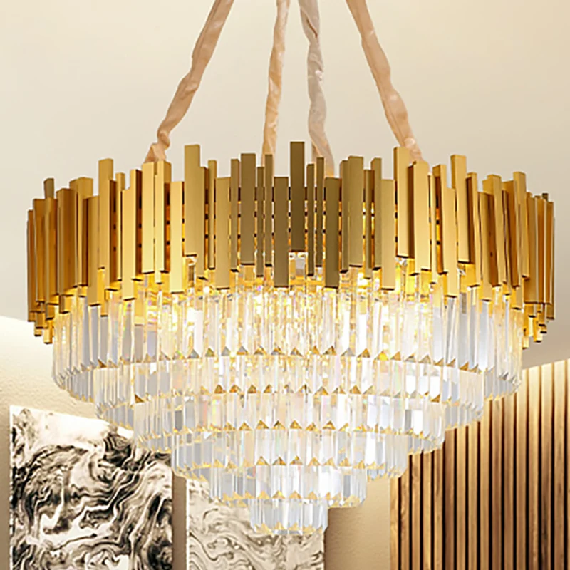 Messing metalen hanglamp moderne stijl gelaagde multi-licht kroonluchterlamp met kristallen blok Clearhalo