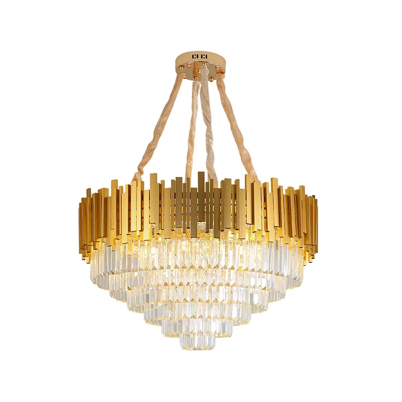 Messing metalen hanglamp moderne stijl gelaagde multi-licht kroonluchterlamp met kristallen blok Clearhalo