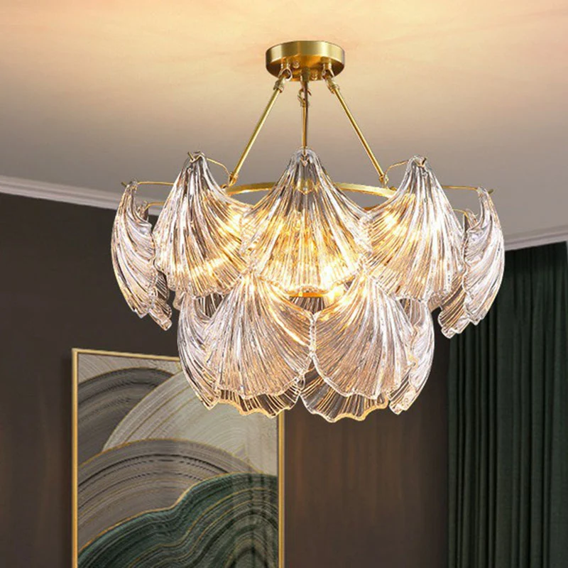 Messing schelp kroonluchter licht eenvoud geribbeld kristal eetkamer hanglamp Clearhalo