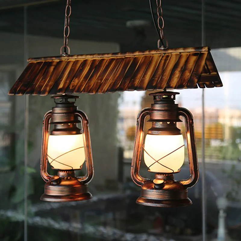 Metaal donkerbruin eilandlicht kerosine 2 lampen vintage stijl hangende kroonluchter voor keuken Clearhalo