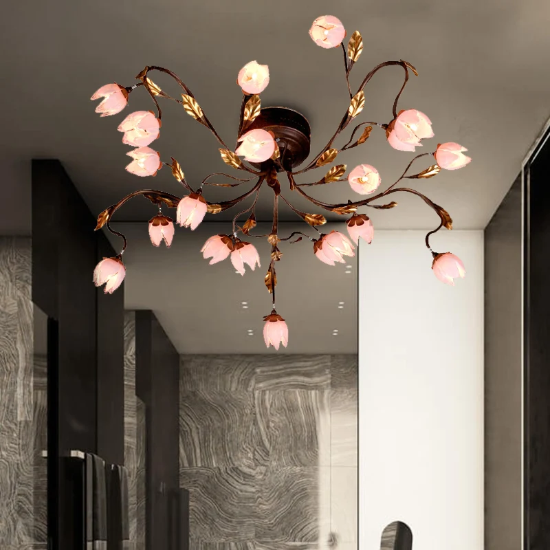 Metaal donkerbruin semi-flush lotus 20 lampen Amerikaanse tuin LED dicht bij plafondlamp voor studeerkamer Clearhalo