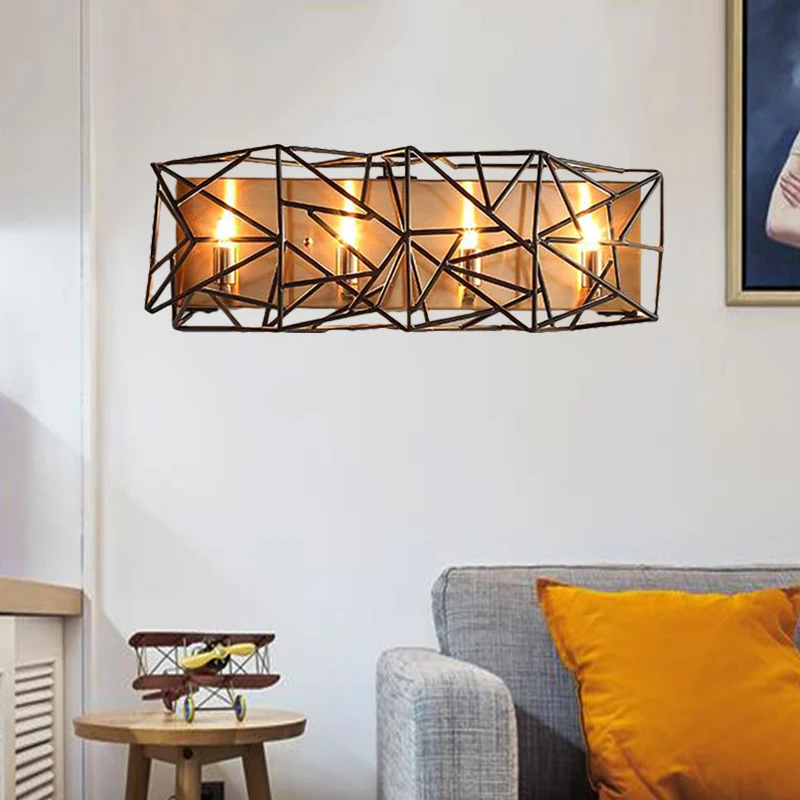 Metaal gekooide schanslamp Traditionele 4-lichts binnenwandgemonteerde lamp zwart Clearhalo