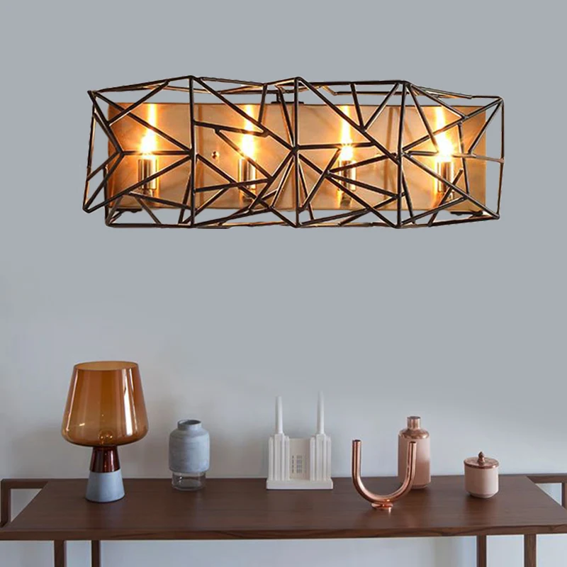 Metaal gekooide schanslamp Traditionele 4-lichts binnenwandgemonteerde lamp zwart Clearhalo