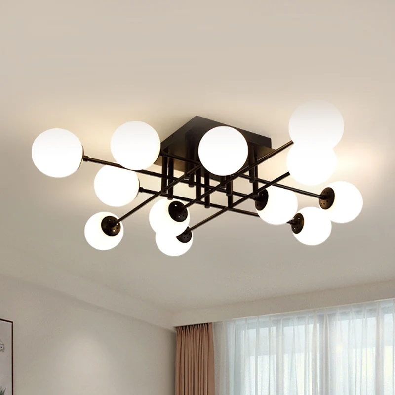 Metaal gekruiste lijnen Semi-verzonken plafondverlichting Nordic 3/8/12 koppen Zwart plafondinbouw met kogelglazen kap voo...