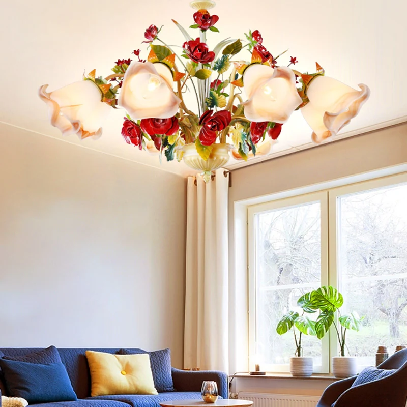 Metaal gele kroonluchter verlichtingsarmatuur Rose 5/8 lampen Pastorale stijl LED hangende plafondlamp voor woonkamer Clea...