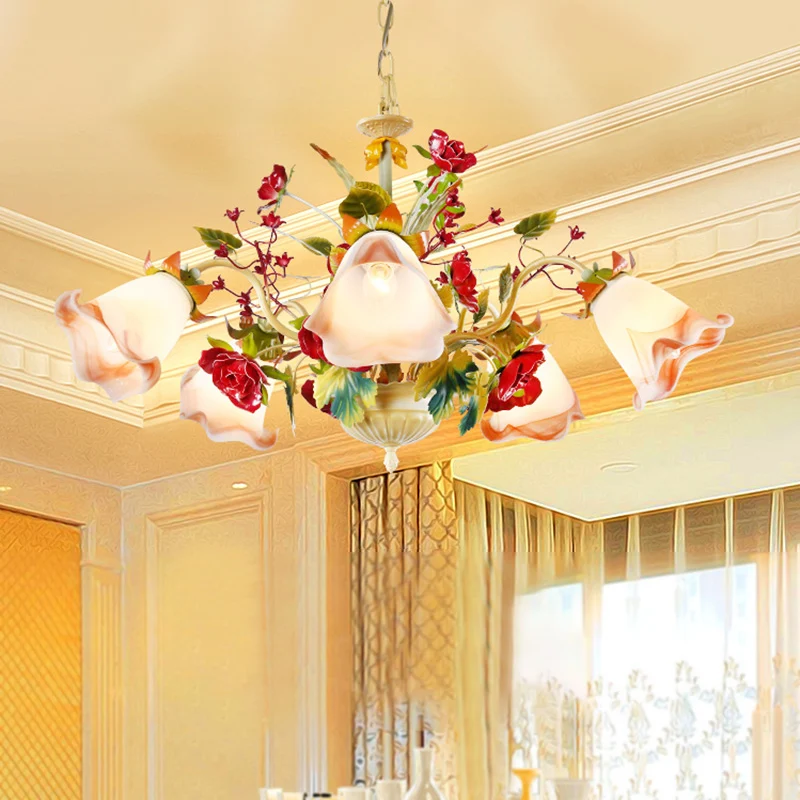 Metaal gele kroonluchter verlichtingsarmatuur Rose 5/8 lampen Pastorale stijl LED hangende plafondlamp voor woonkamer Clea...