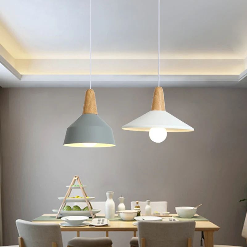 Metalen 1-lichts hanglamp Scandinavische stijl restaurant plafondhanglamp met houten blad Clearhalo