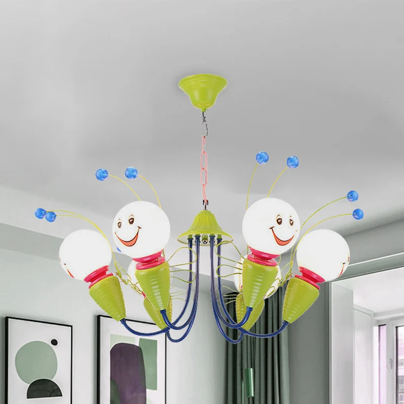Metalen Cartoon Bee kroonluchter licht kinderen 4/6 hoofden groen plafond hanglamp voor slaapkamer Clearhalo