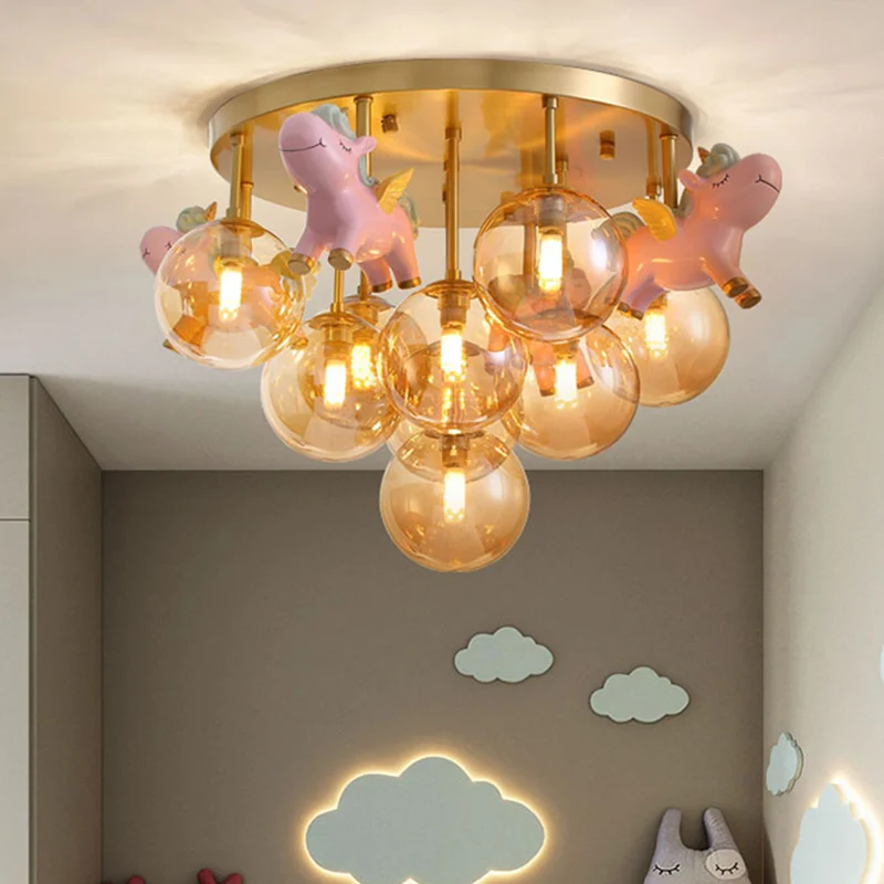 Metalen cartoon pony semi-inbouwlamp Macaron 9-kops gouden plafondlamp met bolvormige amberkleurige glazen kap Clearhalo
