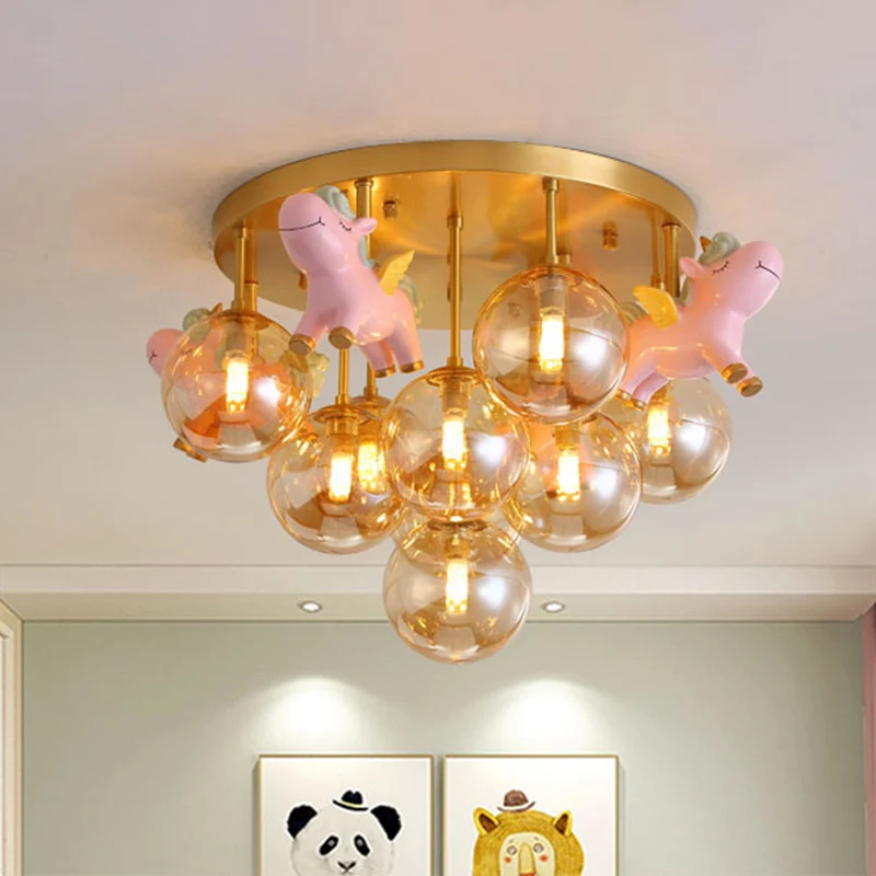 Metalen cartoon pony semi-inbouwlamp Macaron 9-kops gouden plafondlamp met bolvormige amberkleurige glazen kap Clearhalo