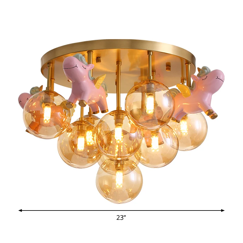 Metalen cartoon pony semi-inbouwlamp Macaron 9-kops gouden plafondlamp met bolvormige amberkleurige glazen kap Clearhalo
