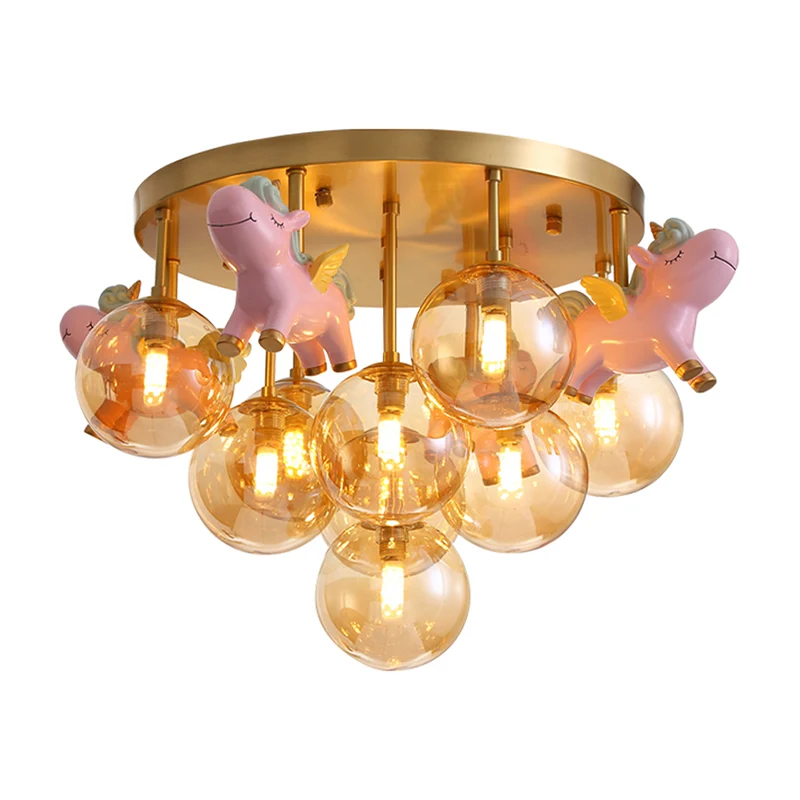 Metalen cartoon pony semi-inbouwlamp Macaron 9-kops gouden plafondlamp met bolvormige amberkleurige glazen kap Clearhalo