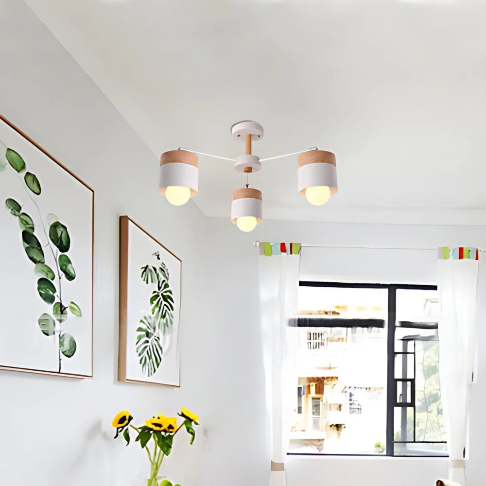 Metalen cilindrische plafondverlichting Scandinavische stijl 3-kops woonkamer semi-inbouw kroonluchter met houten kap wit...