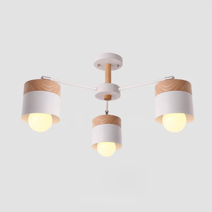 Metalen cilindrische plafondverlichting Scandinavische stijl 3-kops woonkamer semi-inbouw kroonluchter met houten kap wit...