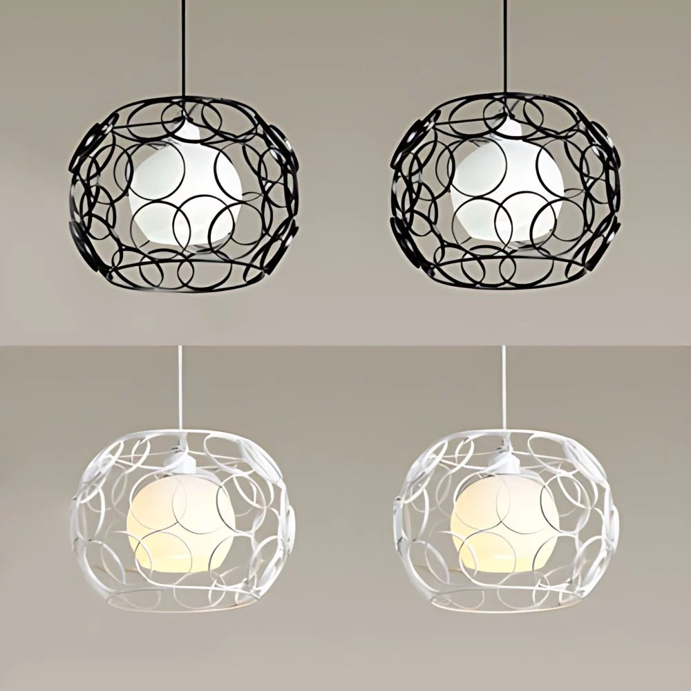 Metalen Cirkels Design Hanglamp Industrieel 2 Lampen Hanglamp Voor Binnen met Glazen Binnenkap en Draadframe Zwart/Wit Cle...