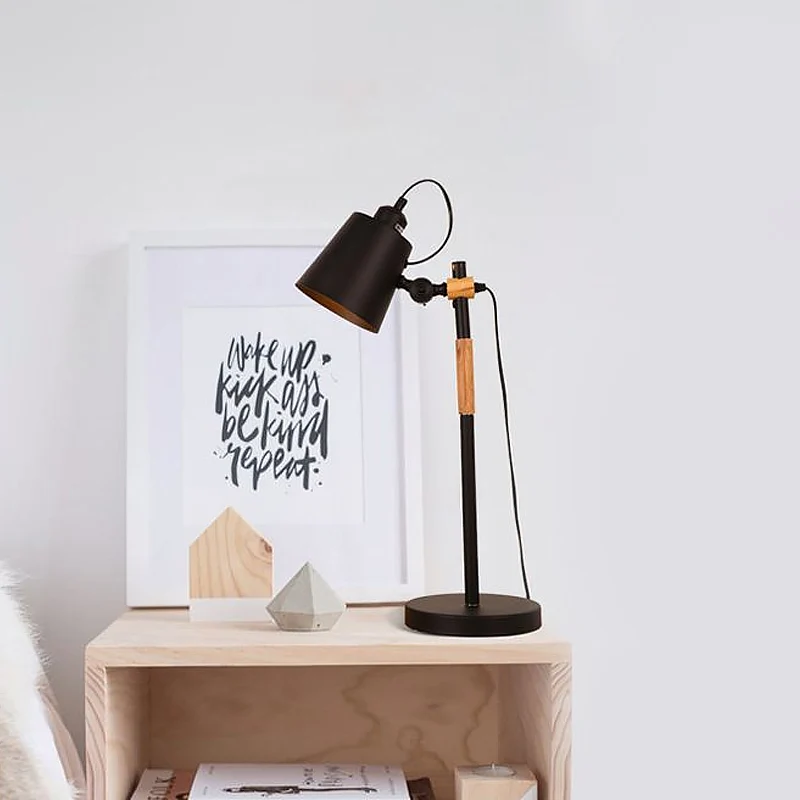 Metalen emmer nachtverlichting industrieel 1-lamps woonkamertafellamp met houten arm zwart/wit Clearhalo