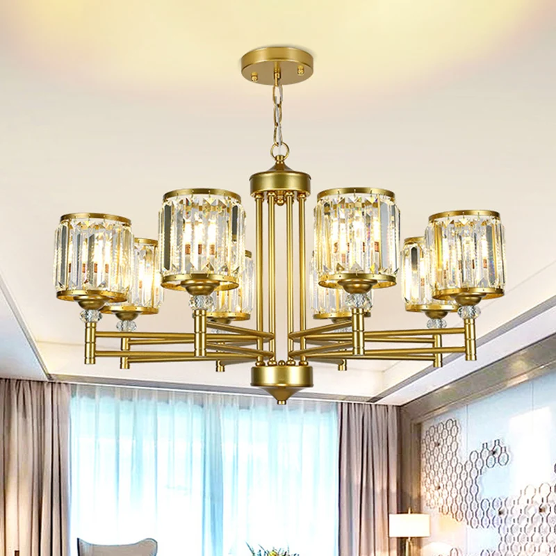 Metalen frame salon hanglamp moderne kristallen trommelkap 8 koppen zwart/gouden kroonluchterlamp Clearhalo
