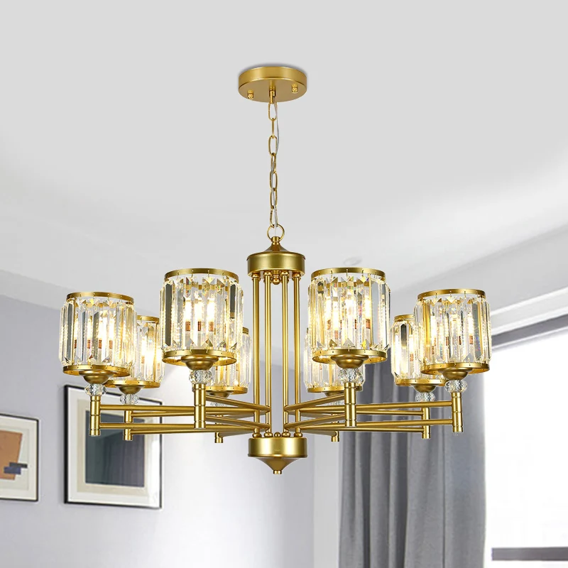 Metalen frame salon hanglamp moderne kristallen trommelkap 8 koppen zwart/gouden kroonluchterlamp Clearhalo