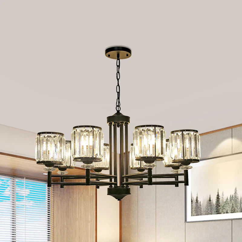 Metalen frame salon hanglamp moderne kristallen trommelkap 8 koppen zwart/gouden kroonluchterlamp Clearhalo