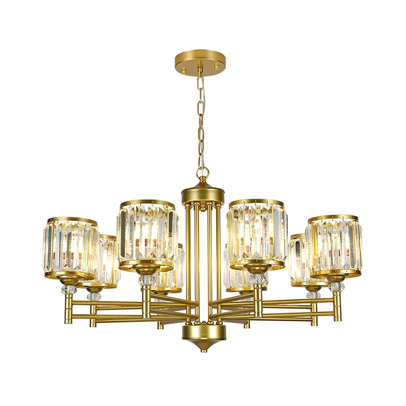 Metalen frame salon hanglamp moderne kristallen trommelkap 8 koppen zwart/gouden kroonluchterlamp Clearhalo