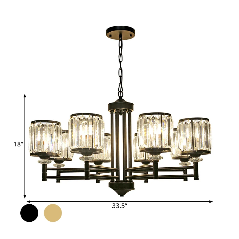 Metalen frame salon hanglamp moderne kristallen trommelkap 8 koppen zwart/gouden kroonluchterlamp Clearhalo