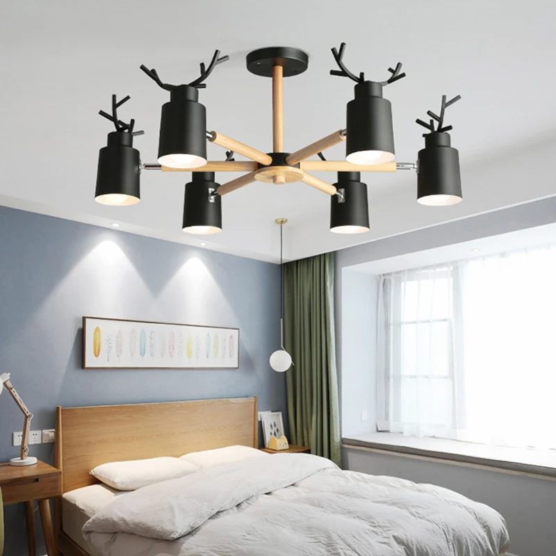 Metalen gewei verstelbare spot Noordse kroonluchterlamp met cilindrische kap en houten arm Clearhalo