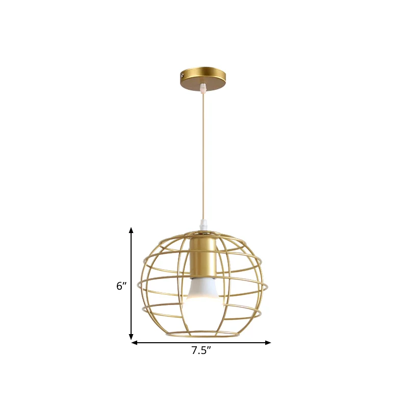 Metalen hanglamp met 1 lamp, loftstijl, gouden afwerking, bol/zeshoekige kooi, hanglamp eetkamer Clearhalo