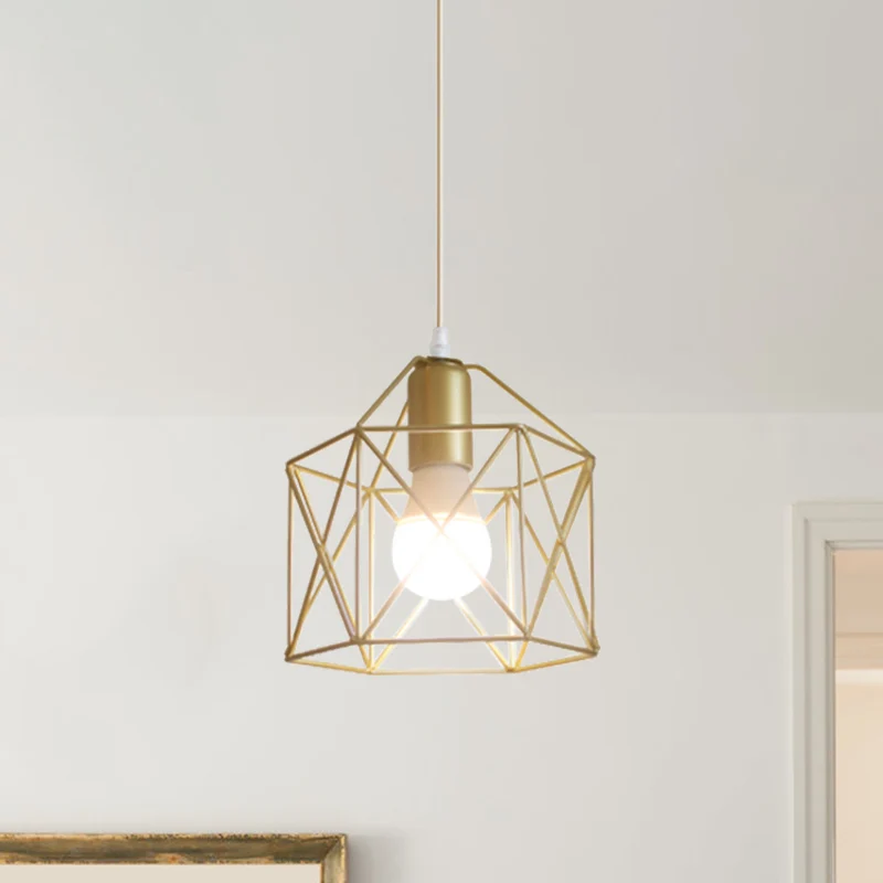 Metalen hanglamp met 1 lamp, loftstijl, gouden afwerking, bol/zeshoekige kooi, hanglamp eetkamer Clearhalo