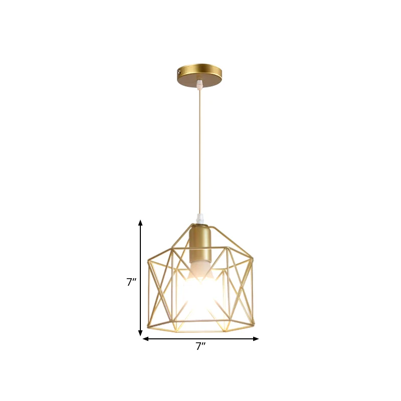 Metalen hanglamp met 1 lamp, loftstijl, gouden afwerking, bol/zeshoekige kooi, hanglamp eetkamer Clearhalo