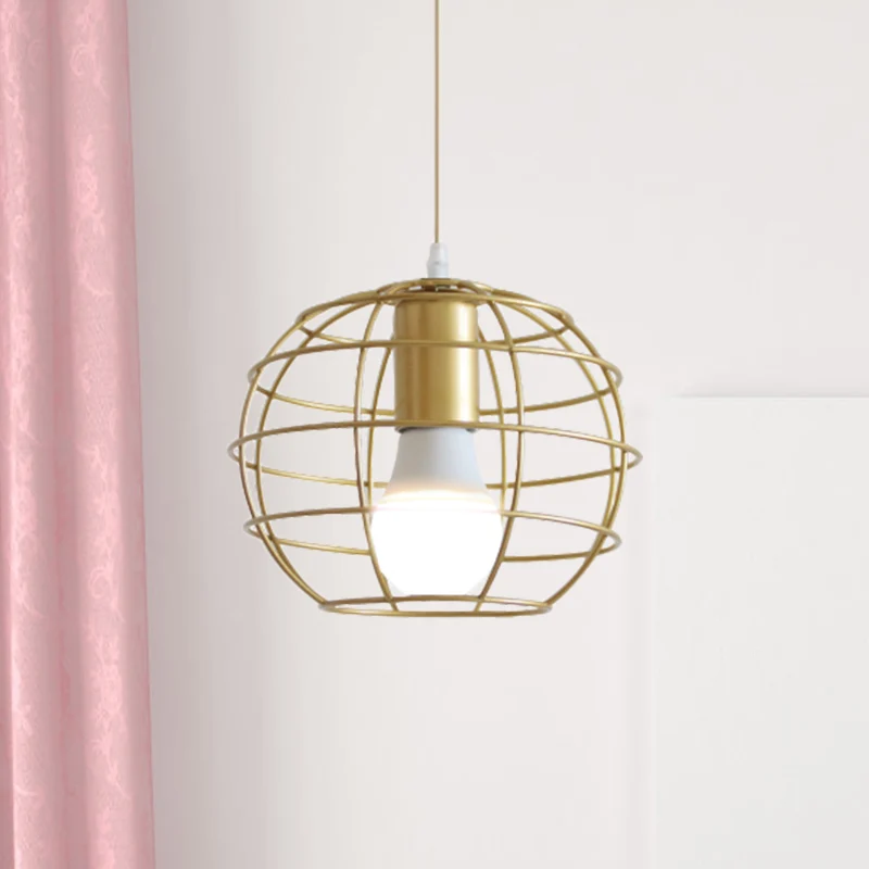 Metalen hanglamp met 1 lamp, loftstijl, gouden afwerking, bol/zeshoekige kooi, hanglamp eetkamer Clearhalo