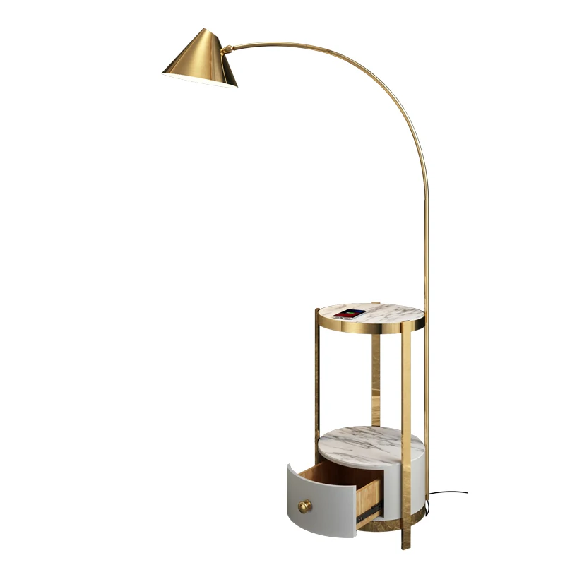 Metalen hengel vloerlamp postmoderne stijl 1 lamp staande lamp met draaibare kegelvormige kap en marmeren dienbladkast Cle...