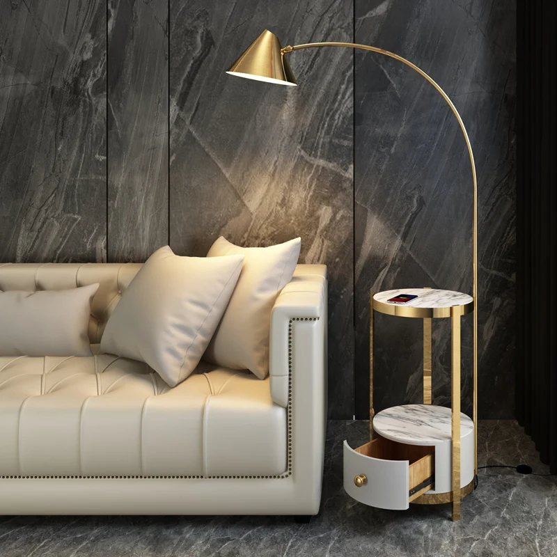 Metalen hengel vloerlamp postmoderne stijl 1 lamp staande lamp met draaibare kegelvormige kap en marmeren dienbladkast Cle...