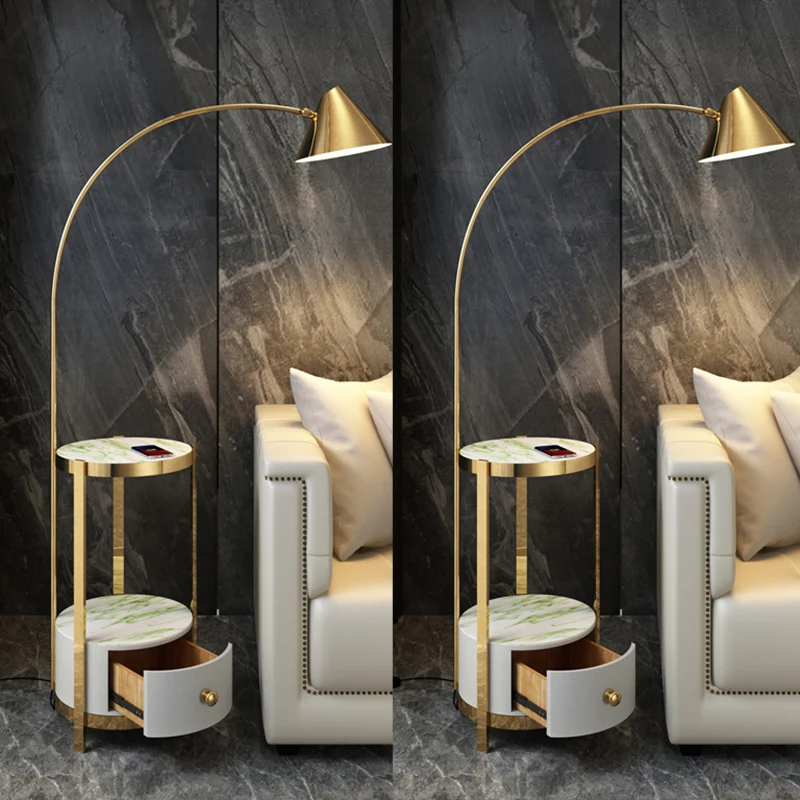 Metalen hengel vloerlamp postmoderne stijl 1 lamp staande lamp met draaibare kegelvormige kap en marmeren dienbladkast Cle...