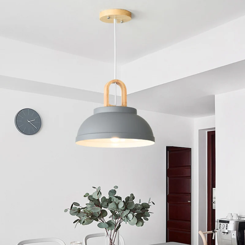 Metalen kom hangende verlichting Modernisme 1-lamps plafondophanglamp grijs/wit met houten handvat Clearhalo