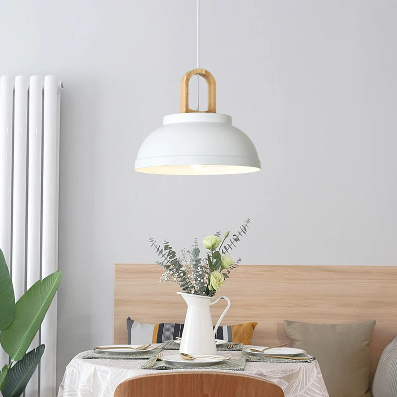 Metalen kom hangende verlichting Modernisme 1-lamps plafondophanglamp grijs/wit met houten handvat Clearhalo