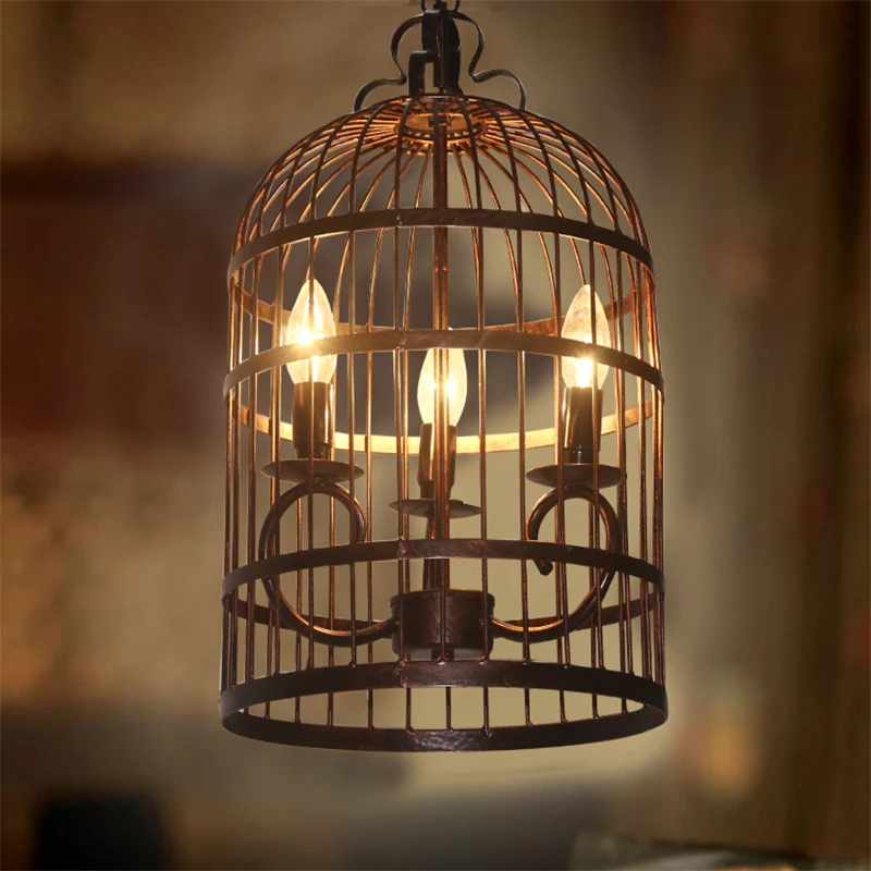 Metalen langwerpige vogelkooi-hanglamp Landelijke 3-koppige kroonluchter voor binnenverlichting zwart Clearhalo