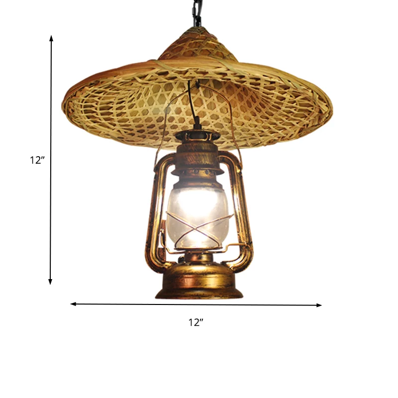 Metalen lantaarnkap hanglamp landelijke stijl 12"/23,5" W 1 lamp beige hanglamp met rotan hoed ontwerp Clearhalo