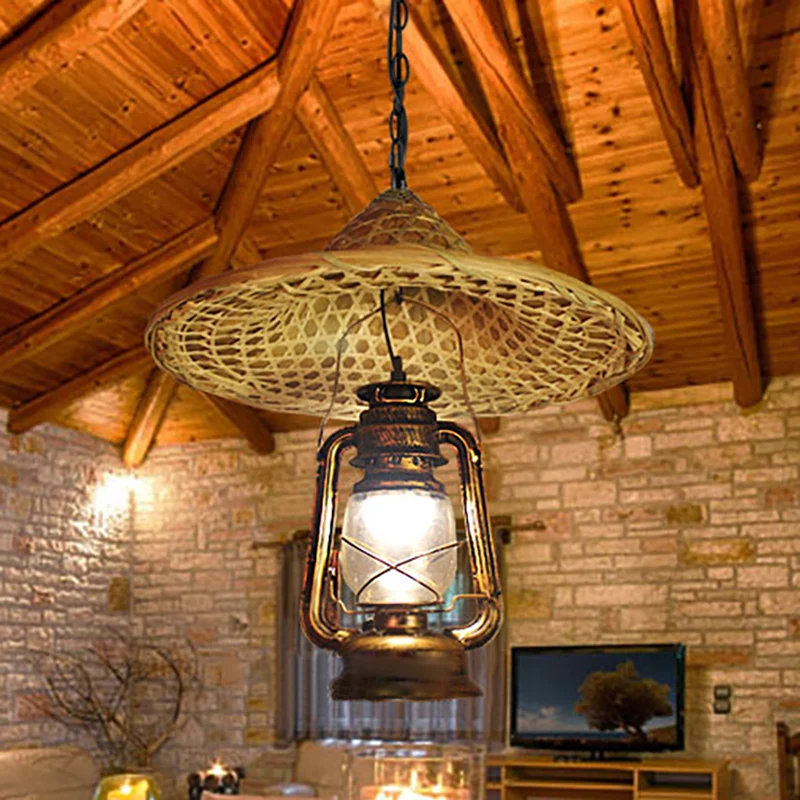 Metalen lantaarnkap hanglamp landelijke stijl 12"/23,5" W 1 lamp beige hanglamp met rotan hoed ontwerp Clearhalo