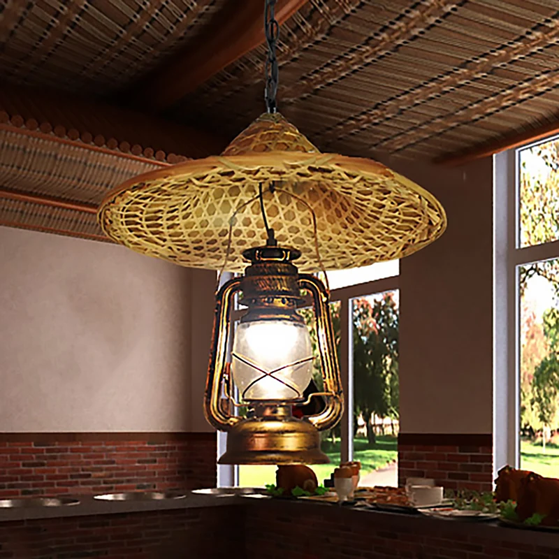 Metalen lantaarnkap hanglamp landelijke stijl 12"/23,5" W 1 lamp beige hanglamp met rotan hoed ontwerp Clearhalo