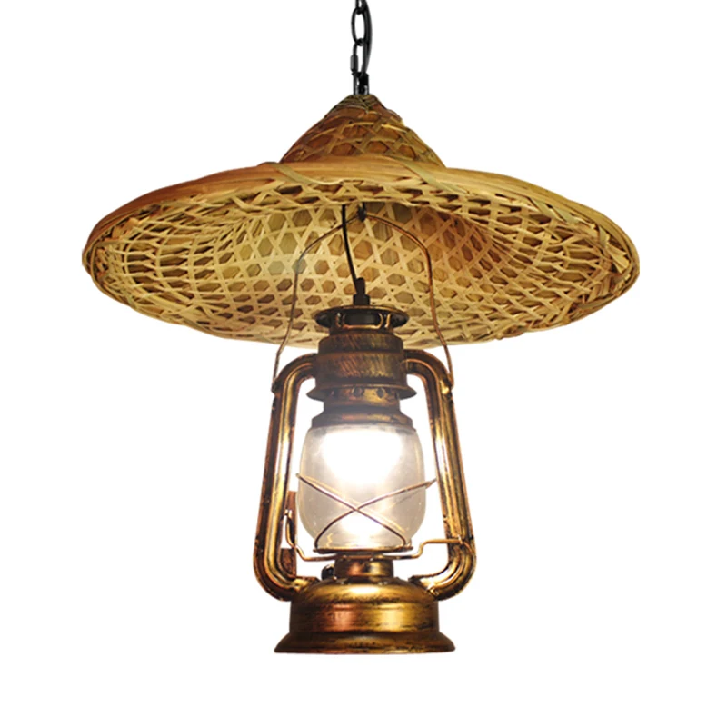 Metalen lantaarnkap hanglamp landelijke stijl 12"/23,5" W 1 lamp beige hanglamp met rotan hoed ontwerp Clearhalo