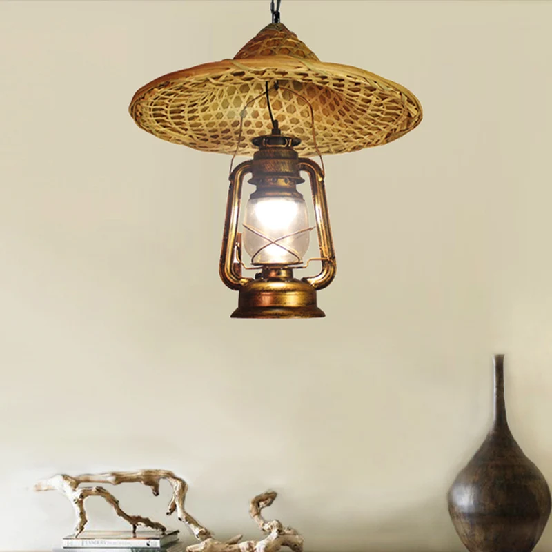 Metalen lantaarnkap hanglamp landelijke stijl 12"/23,5" W 1 lamp beige hanglamp met rotan hoed ontwerp Clearhalo