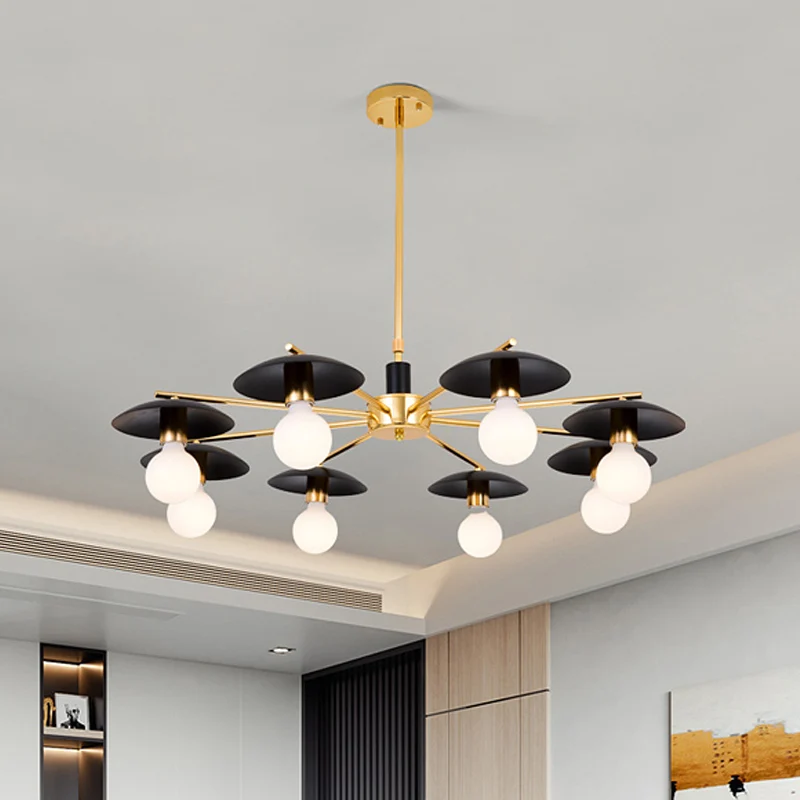 Metalen radiaal hangende kroonluchter modernistische 6/8 koppen zwart en goud afgewerkt plafond hanglamp voor woonkamer Cl...
