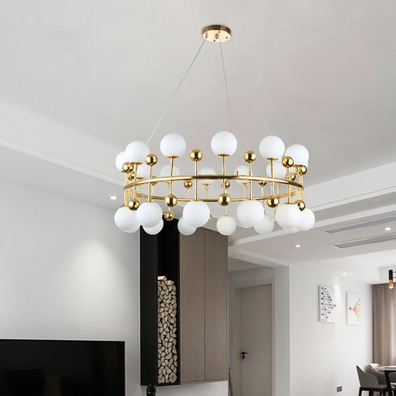 Metalen ringhanglamp met bolschaduw Moderne kroonluchter goud voor hotelvilla Clearhalo