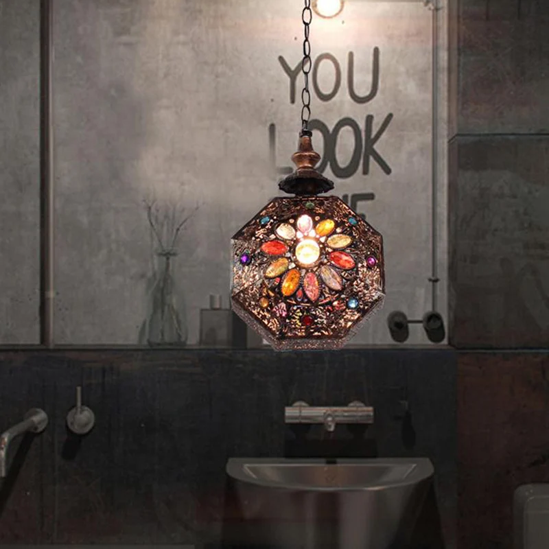 Metalen roest hanglamp Octagon 1-lichts Boheemse downlight-hanger voor badkamer Clearhalo